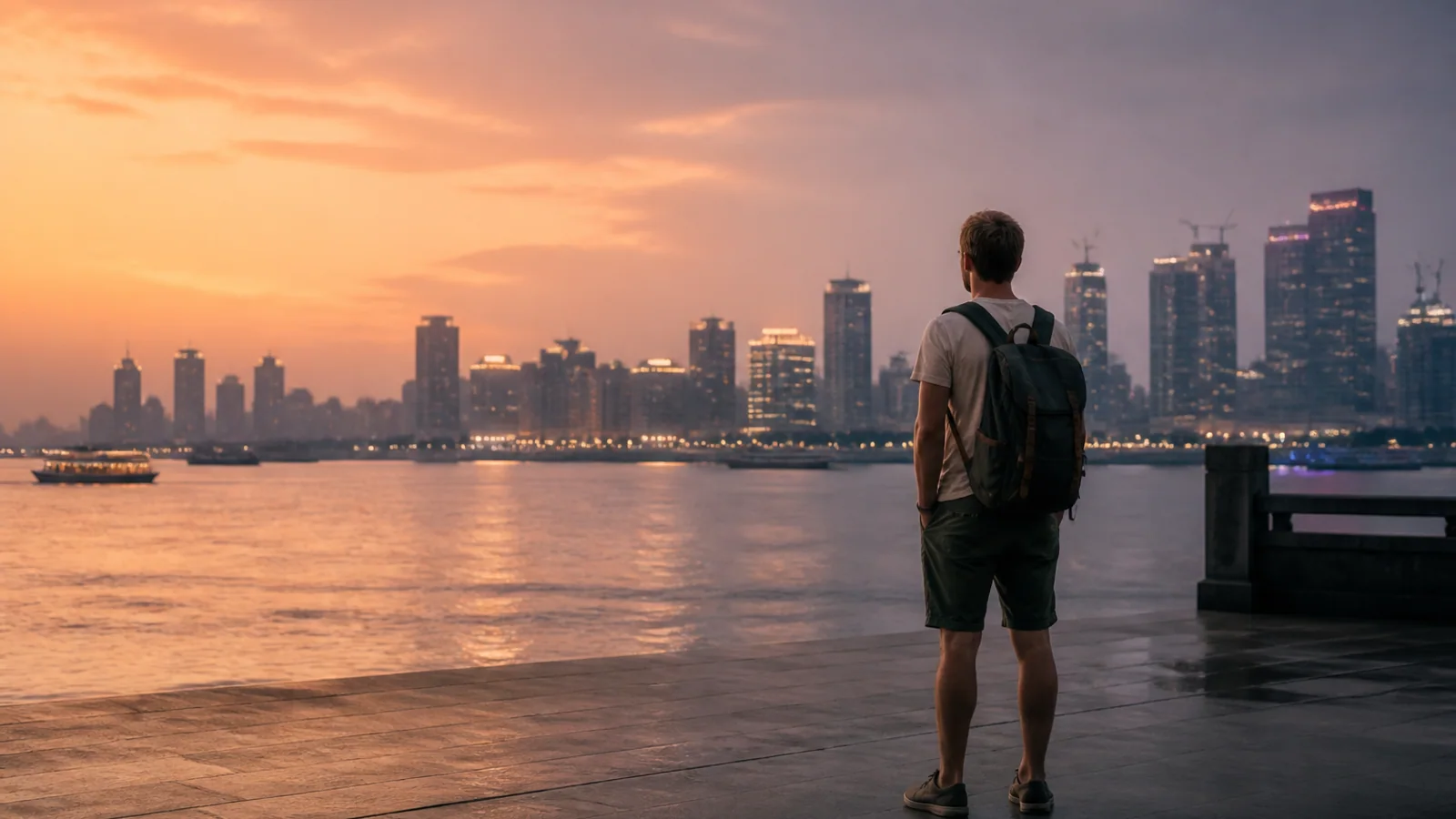 Travelers at Wuhan riverfront sunset