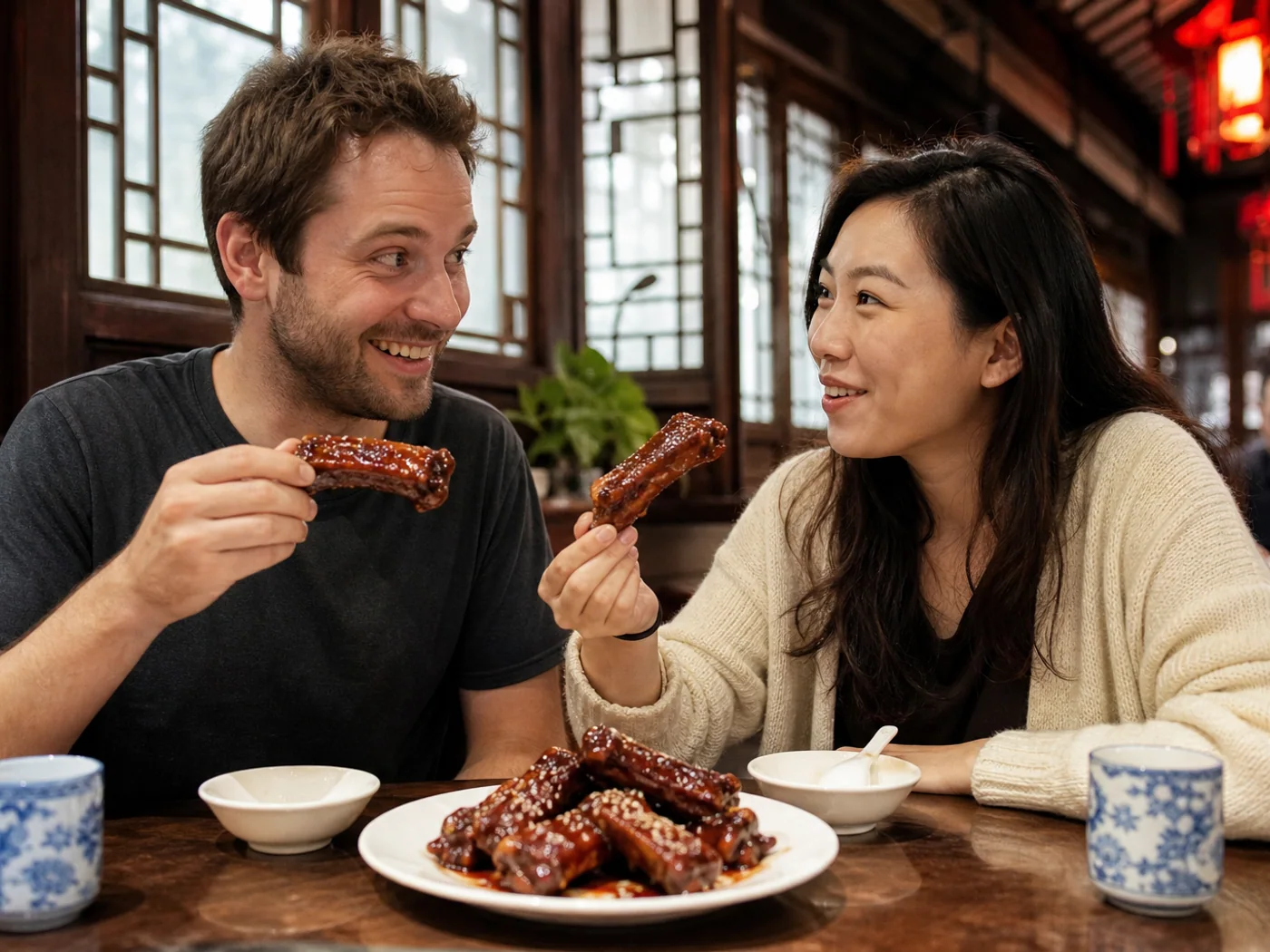 Travelers eating Wuxi spare ribs
