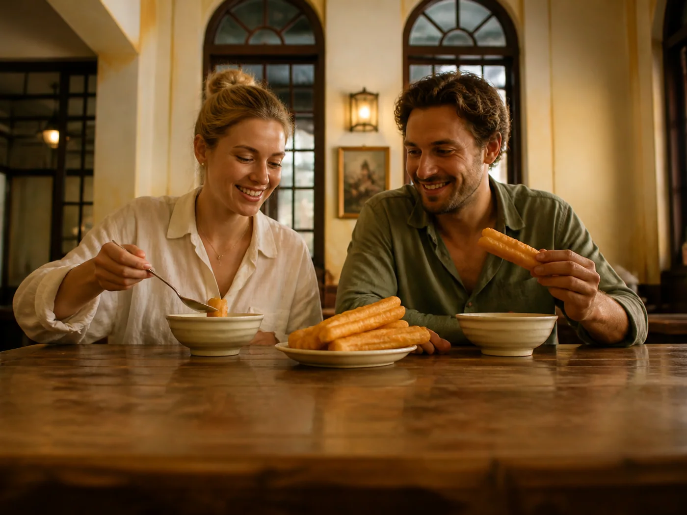 Travelers eating peanut soup breakfast