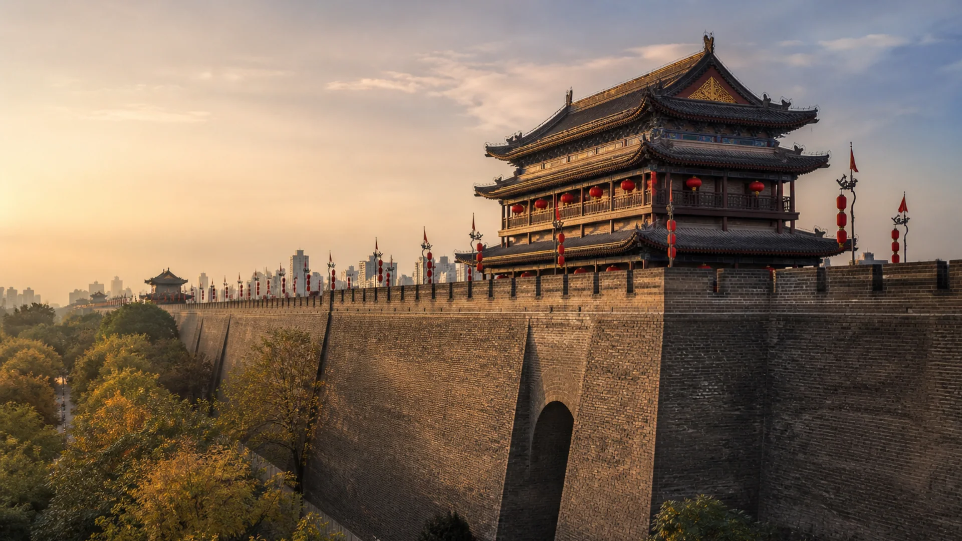 Fortified walls and towers surrounding the historic center of Xi'an
