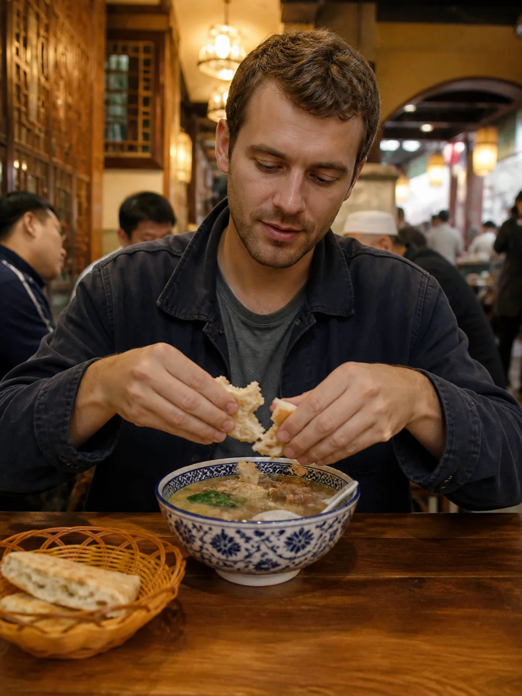 Traveler tearing bread for paomo
