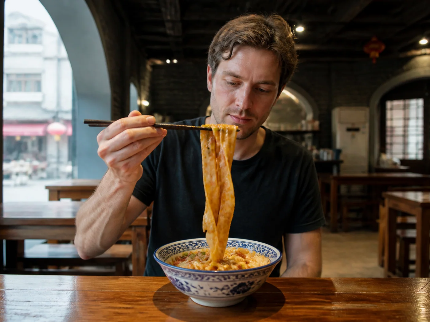 Traveler eating wide noodles
