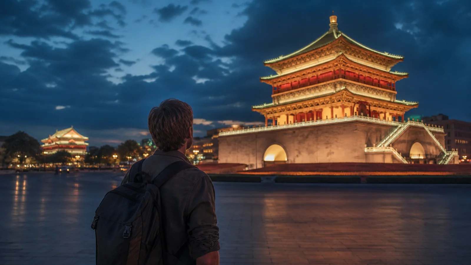 Travelers at illuminated tower