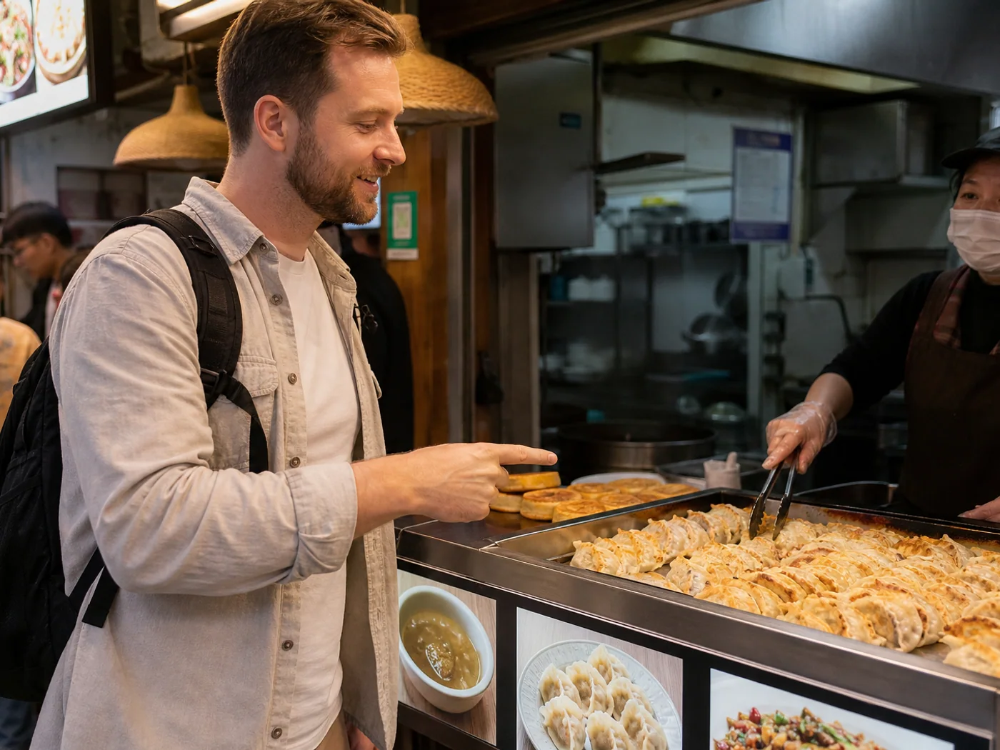 Traveler ordering fried dumplings