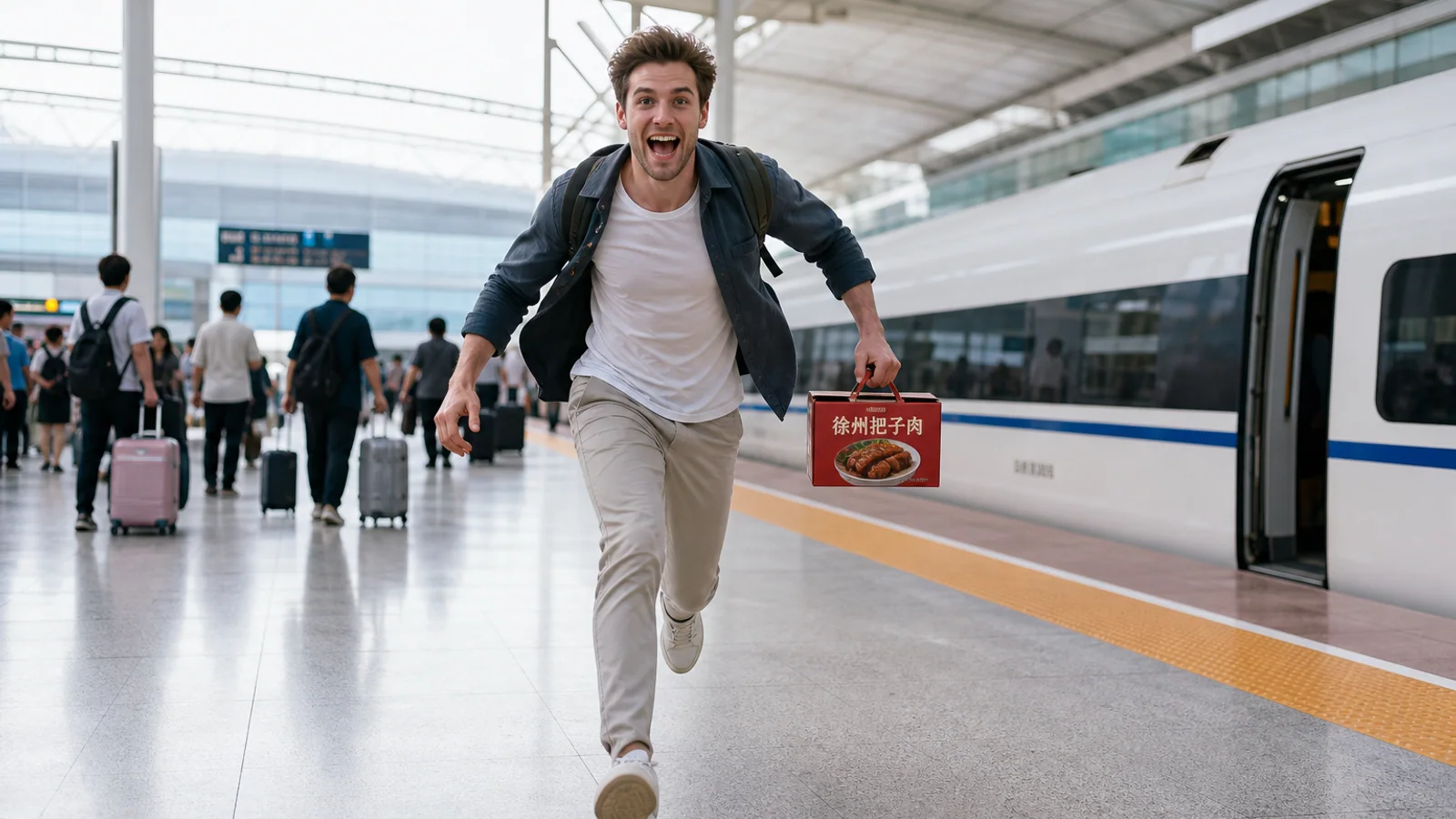 Traveler rushing with food box