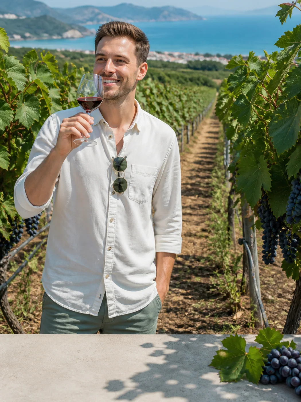 Traveler tasting wine in Yantai vineyard