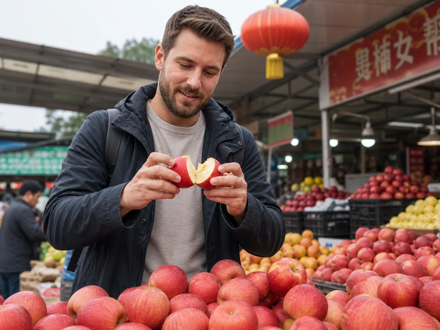 Traveler buying apples at Yantai market