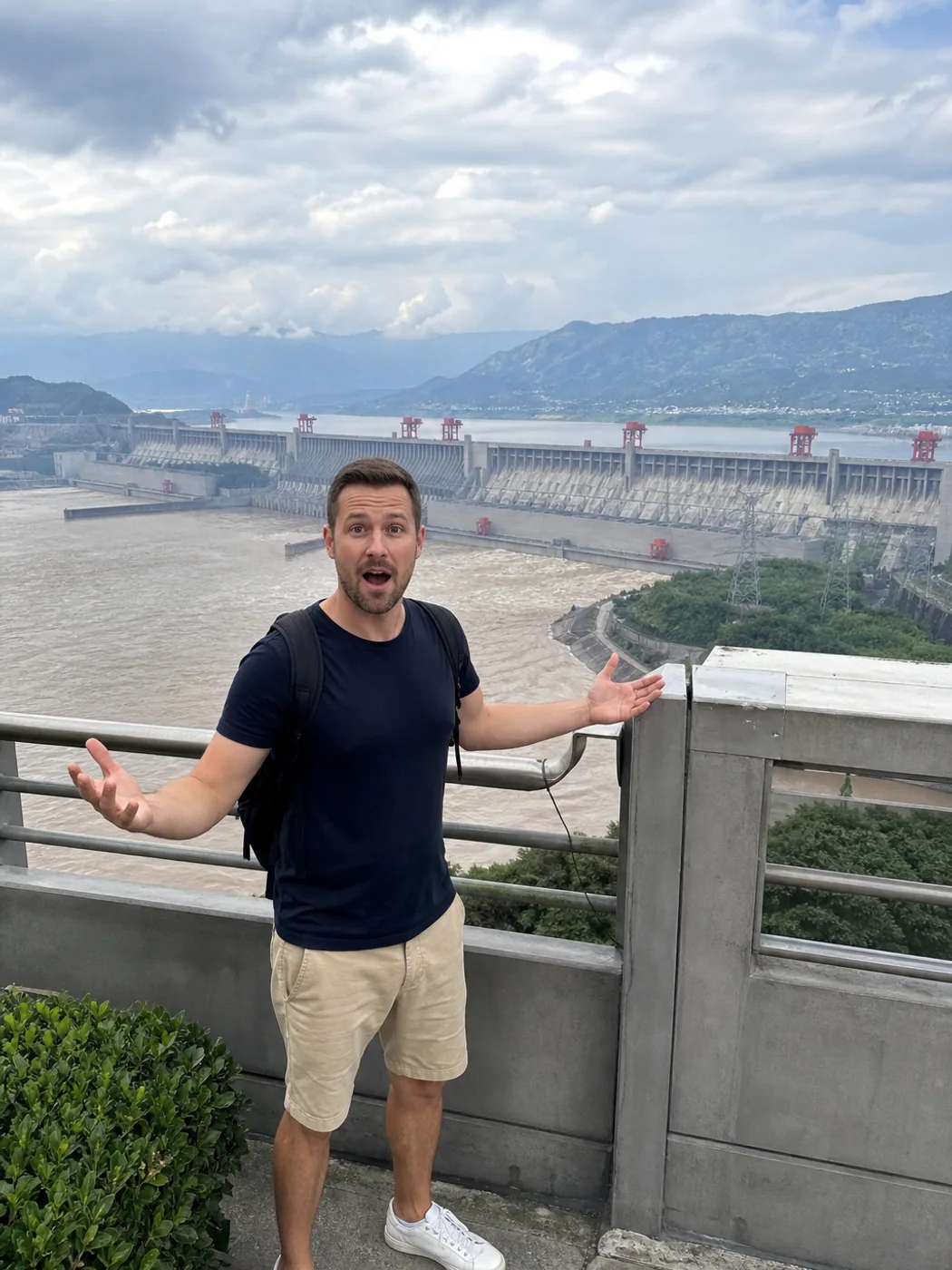 Traveler on Three Gorges Dam viewing platform