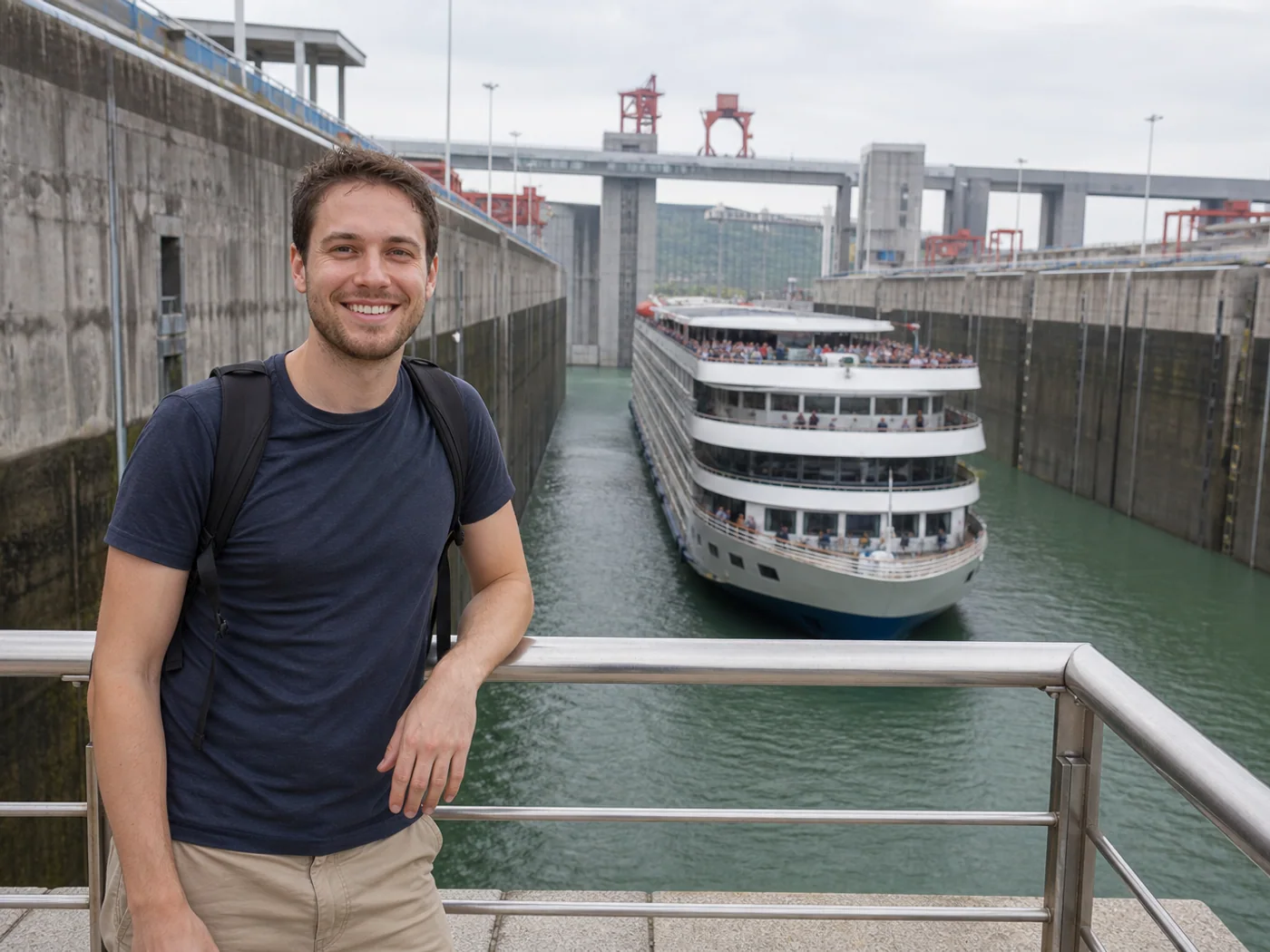 Travelers watching ship in Three Gorges locks