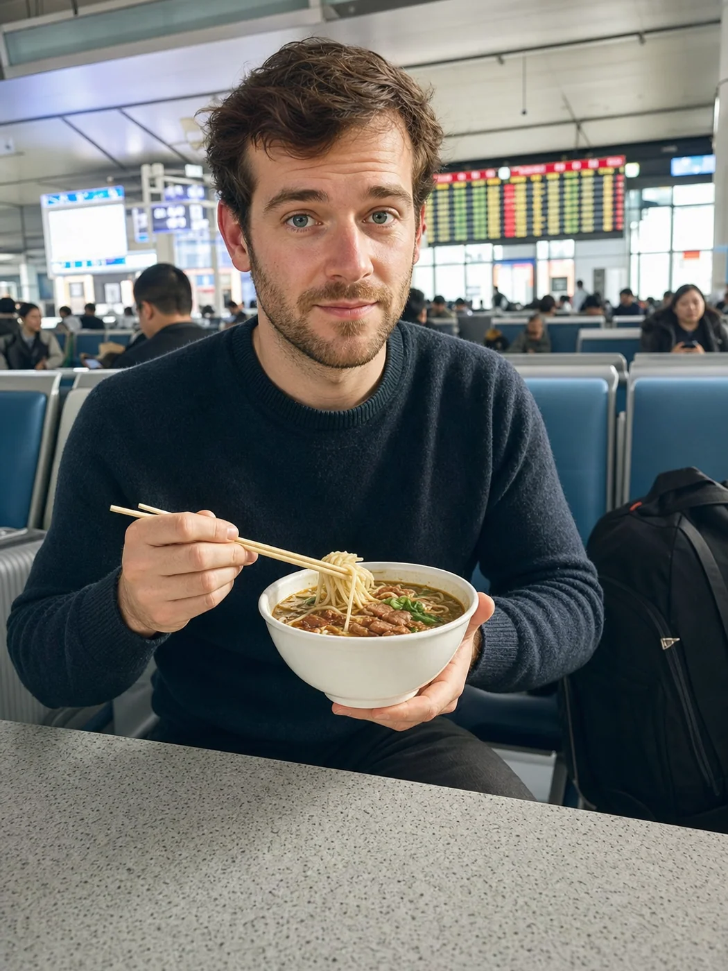 Traveler eating noodles during layover
