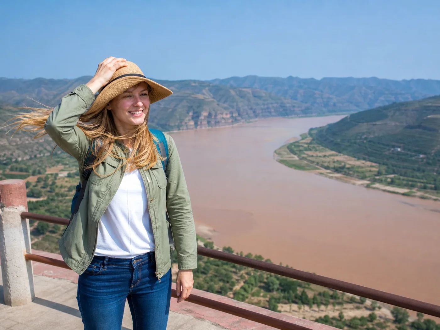 Travelers at windy river viewpoint