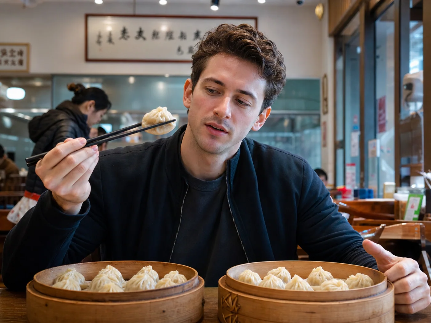 Traveler eating Henan soup dumplings