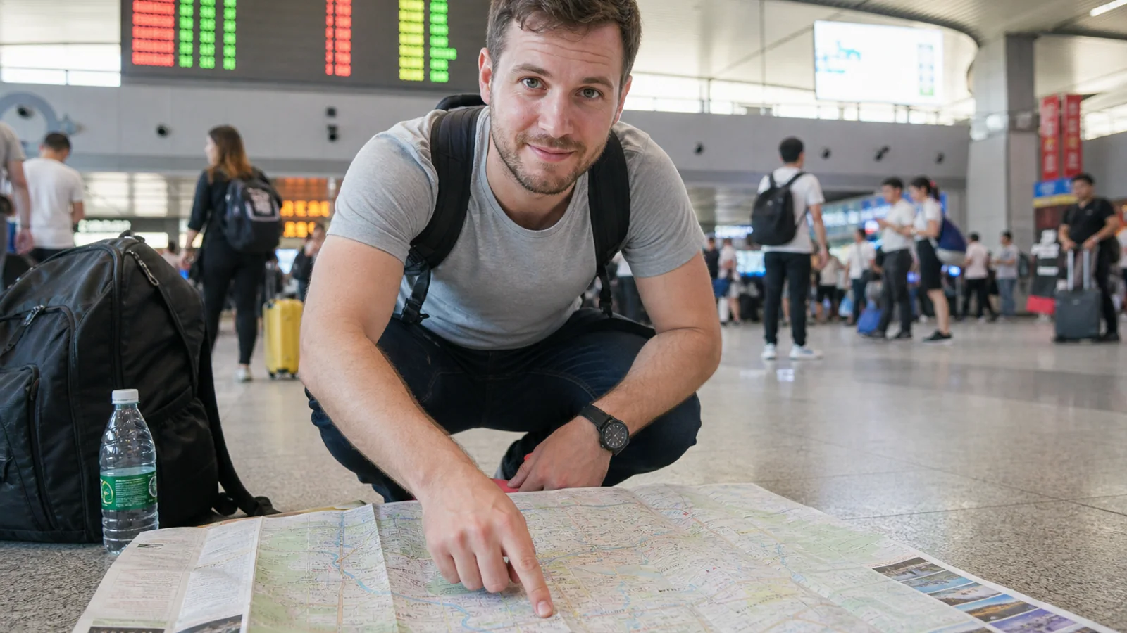 Traveler planning excursion at station