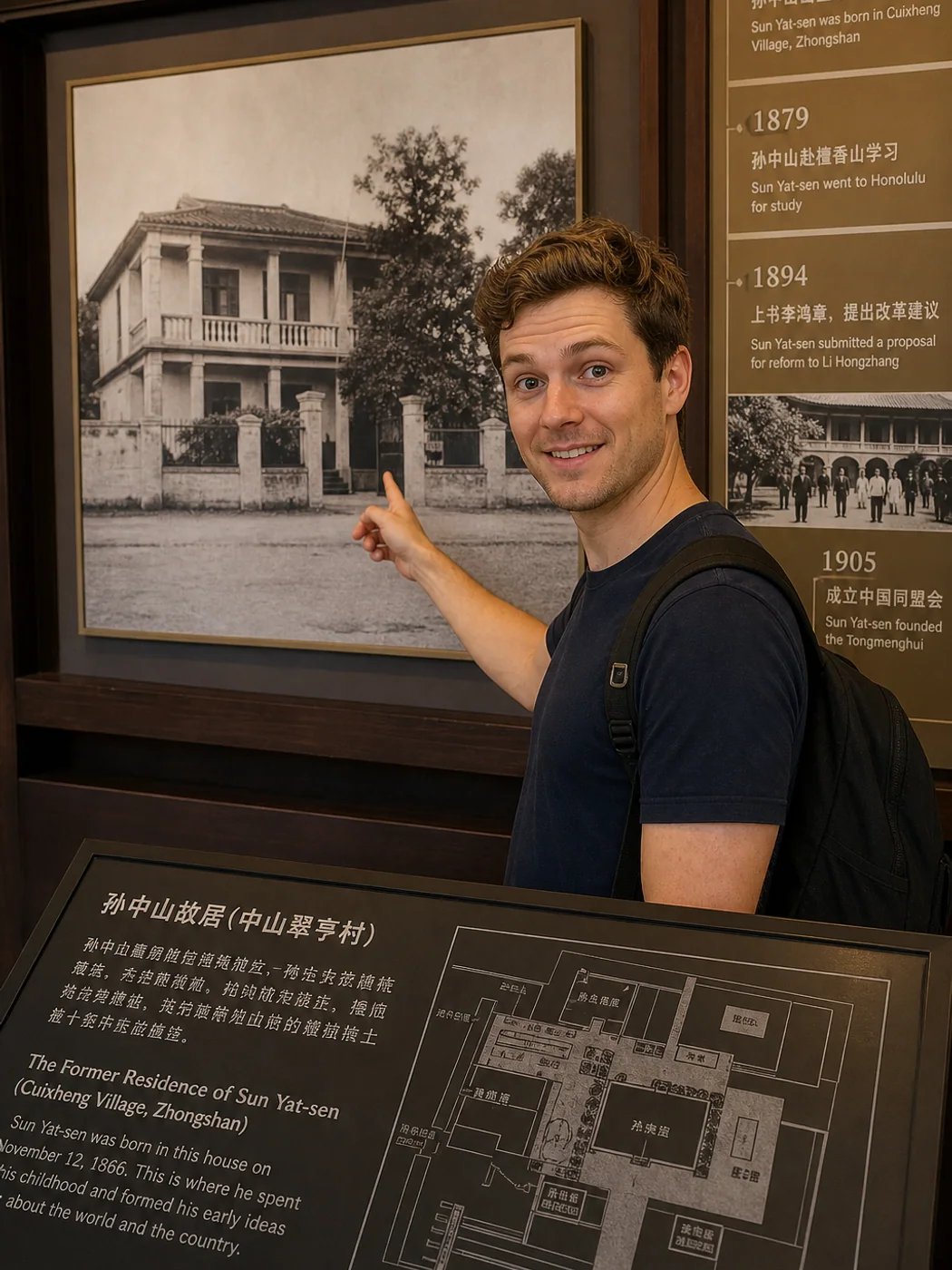 Traveler reading exhibit in hometown museum