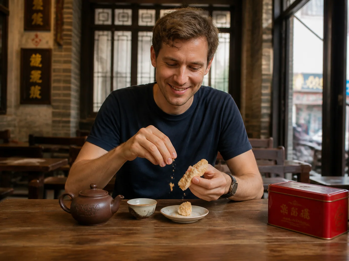 Travelers sharing almond cake