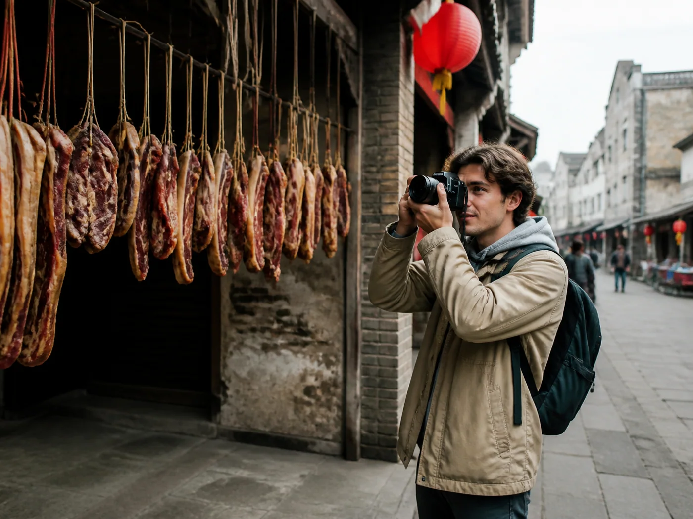 Traveler photographing cured meats