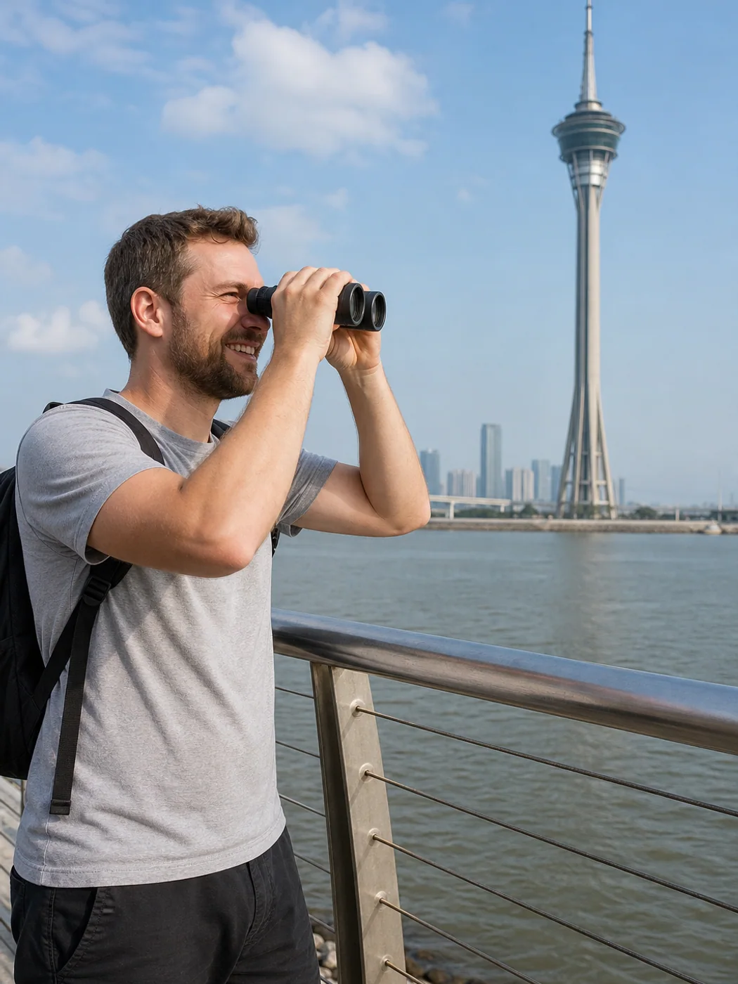 Traveler viewing Macau from Zhuhai
