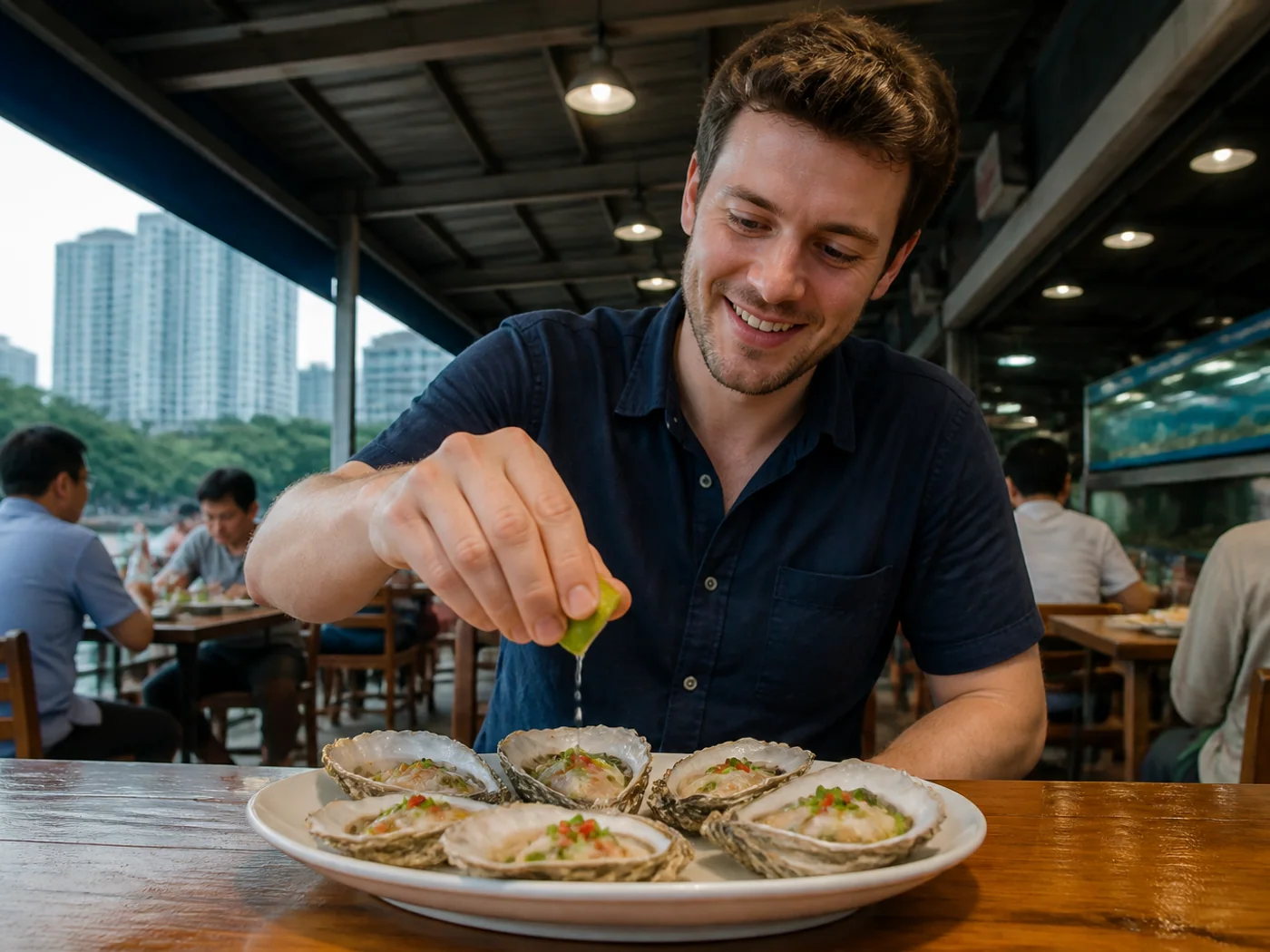Traveler eating steamed oysters