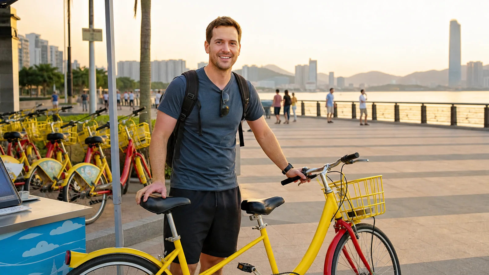 Couple cycling waterfront at sunset